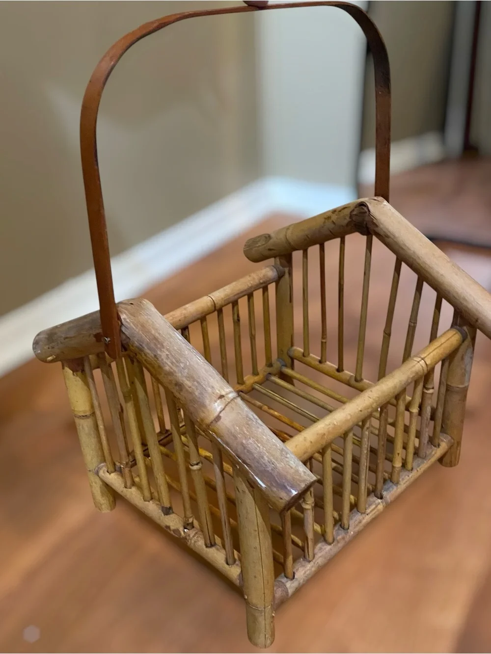 Vintage 60’s Bamboo Square Basket with Handle Magazine Storage Rattan Cane